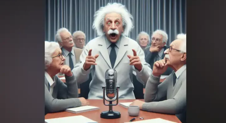 einstein faisant un discours à des seniors